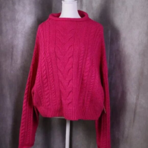 NWT Anthropologie Pilcro Sweater Women L Pink Crop Mock Neck Cable Knit Pullover - Picture 1 of 6